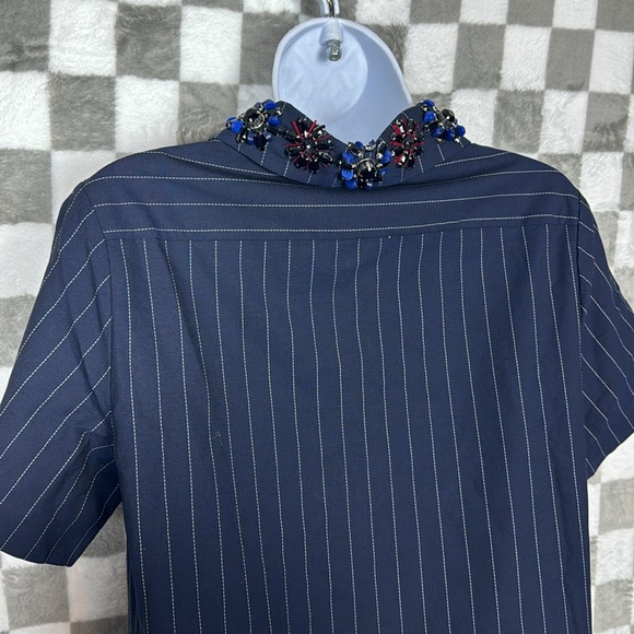 Banana Republic Pinstripe navy collared dress, rhinestone neckline pockets S - Picture 8 of 10